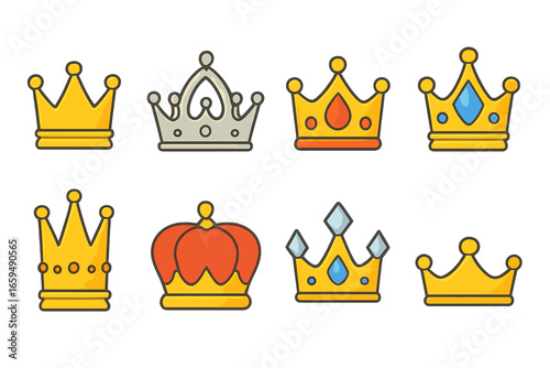 Colorful Royal Crowns Grid. Flat vector mini-illustrations royal crowns in colors children's illustrations: golden king crown,