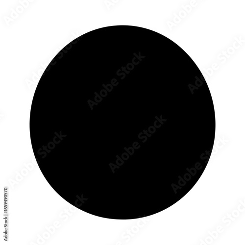 A perfectly circular shape in deep black, against a stark white background.
