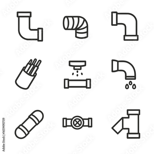 Construction Tube Icons. Outline icon set of construction tubes: drainage pipe, ventilation duct, sewer pipe, cable conduit,