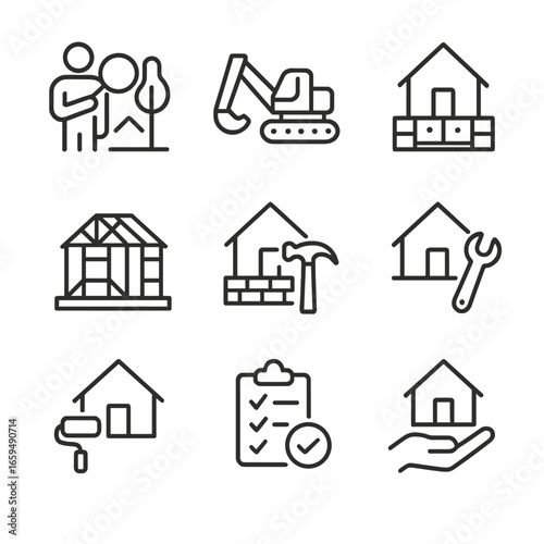 Construction Stages Icons. Outline icon set of construction project stages: site survey, excavation, foundation, framing, roofing,