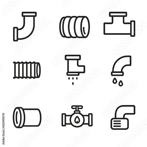 Construction Tube Icons. Outline icon set of construction tubes: drainage pipe, ventilation duct, sewer pipe, cable conduit,