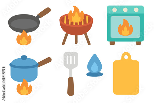 Cooking Tools Icons. Flat vector mini-illustrations combustion in cooking in colors children's illustrations: frying pan, grill,