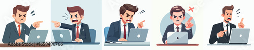 Cartoon Illustration Angry Boss Character Screaming at Computer Workplace Set