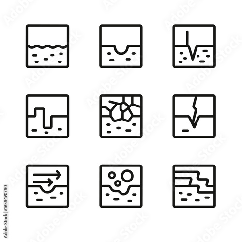 Corrosion Types Icons. Outline icon set of corrosion types: uniform corrosion, pitting corrosion, crevice corrosion, galvanic