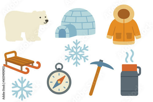 Arctic Adventure Icons. Flat vector mini-illustrations Arctic exploration in colors children's illustrations: polar bear, igloo,