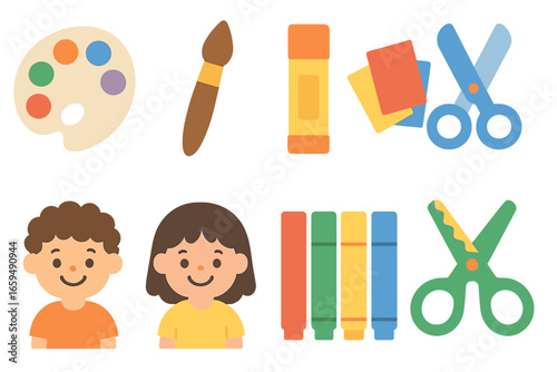 Arts and Crafts Fun. Flat vector mini-illustrations arts and crafts with friends in colors children's illustrations: paint palette