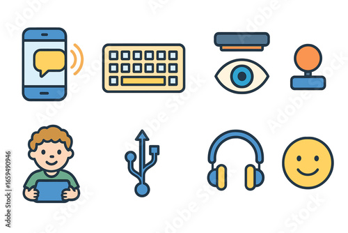 Assistive Tech Icons. Flat vector mini-illustrations assistive technology devices in colors children's illustrations: text to