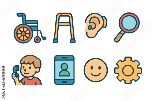 Assistive Tech Kid Icons. Flat vector mini-illustrations assistive technology resources in colors children's illustrations: