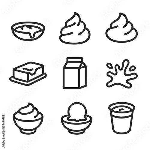 Creamy Textures Icon Set. Outline icon set of creamy textures and food: creamy sauce, cream swirl, whipped cream, cream cheese,