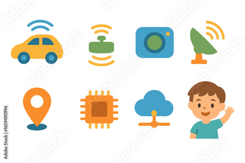 Autonomous Car Icons. Flat vector mini-illustrations core self driving car system in colors children's illustrations: autonomous