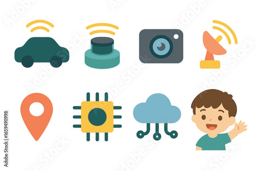 Autonomous Car Icons. Flat vector mini-illustrations core self driving car system in colors children's illustrations: autonomous