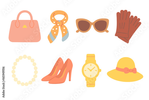 Deluxe Fashion Icons. Flat vector mini-illustrations deluxe fashion accessories in colors children's illustrations: designer