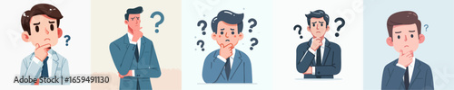 Cartoon Style Various Businessman Posing with Question Mark Symbol Illustration