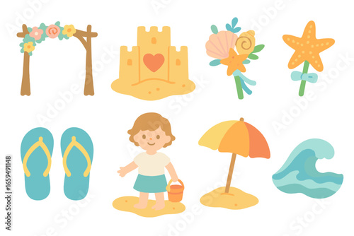Beachside Wedding Icons. Flat vector mini-illustrations beachside June wedding in colors children's illustrations: driftwood arch,