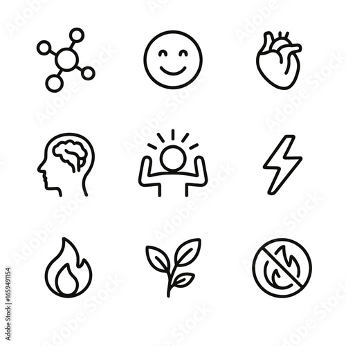 Dark Chocolate Benefits. Outline icon set of dark chocolate health benefits: antioxidants, mood booster, heart health, brain