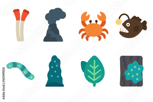 Bioluminescent Life Illustrations. Flat vector mini-illustrations Deep-sea hydrothermal vent life in colors children’s
