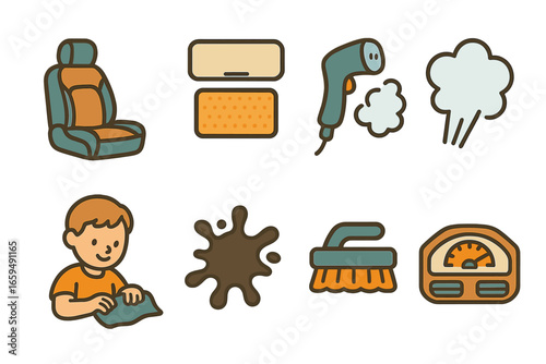 Car Interior Refresh Icons. Flat vector mini-illustrations headliner and upholstery refresh in colors children's illustrations: