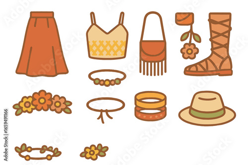 Boho Summer Fashion Icons. Flat vector mini-illustrations boho summer fashion in colors children's illustrations: maxi skirt,