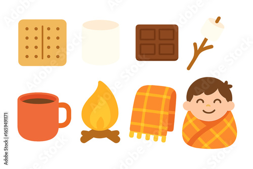 Campfire Treats Delight. Flat vector mini-illustrations s’mores and hot chocolate in colors children's illustrations: graham