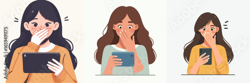 Flat Design Woman Expression Shocked While Using Mobile Tablet Illustration