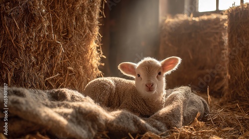 Adorable newborn lamb rests peacefully in warm hay barn bathed in soft sunlight