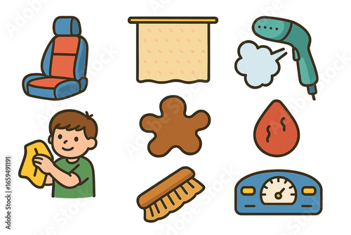 Car Interior Refresh Icons. Flat vector mini-illustrations headliner and upholstery refresh in colors children's illustrations: