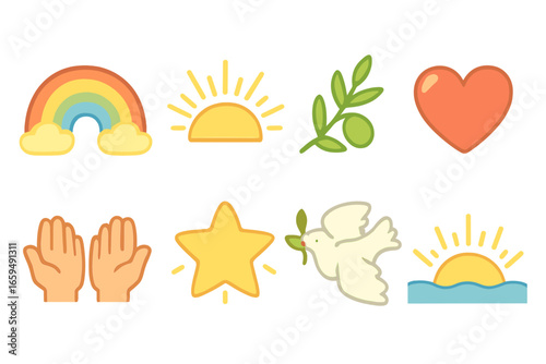 Children's Gospel Symbols. Flat vector mini-illustrations gospel symbols of hope in colors children's illustrations: rainbow,