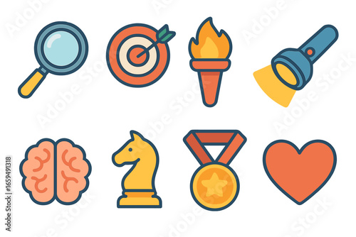 Children's Focus Icons. Flat vector mini-illustrations Willpower and focus in colors children's illustrations: magnifying glass,
