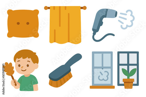 Child's Cleaning Icons. Flat vector mini-illustrations upholstery and curtain steaming in colors children's illustrations: sofa