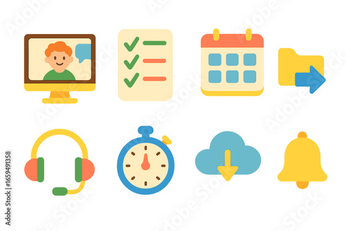 Child's Freelance Toolkit. Flat vector mini-illustrations Remote freelance tools in colors children's illustrations: video call