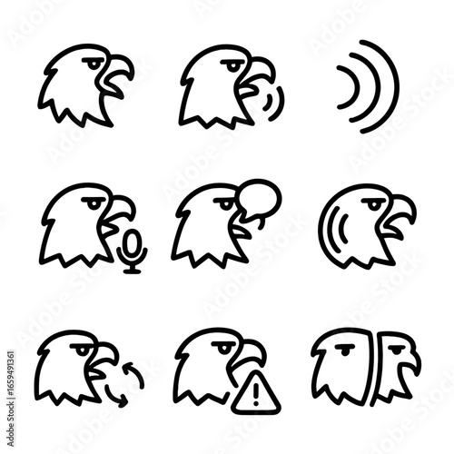 Eagle Sounds Icon Set. Outline icon set of eagle calls and sounds: screech, call waves, sound waves, vocalization, echo,