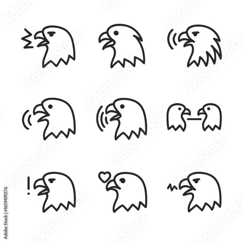 Eagle Sounds Icon Set. Outline icon set of eagle calls and sounds: screech, call waves, sound waves, vocalization, echo,