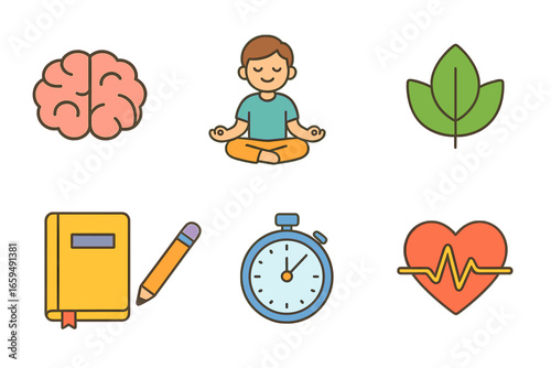 Child's Mental Health Icons. Flat vector mini-illustrations mental health resources in colors children's illustrations: brain icon