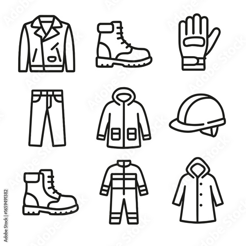 Durable Clothing Icons. Outline icon set of durable clothing: leather jacket, work boots, tactical gloves, denim jeans, insulated