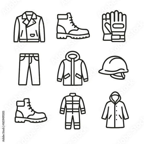 Durable Clothing Icons. Outline icon set of durable clothing: leather jacket, work boots, tactical gloves, denim jeans, insulated
