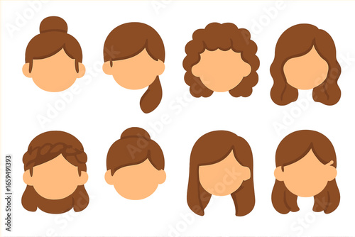 Children's Hair Icons. Flat vector mini-illustrations elegant hairstyles in colors children's illustrations: bun, sleek ponytail,
