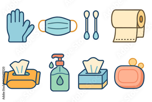 Children's Hygiene Icons. Flat vector mini-illustrations disposable hygiene products in colors children's illustrations: