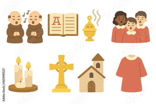 Children's Hymn Illustrations. Flat vector mini-illustrations hymn tradition in colors children's illustrations: monks chanting,