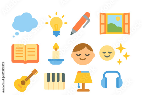 Children's Illustration Icons. Flat vector mini-illustrations closing reflections in colors children's illustrations: thought