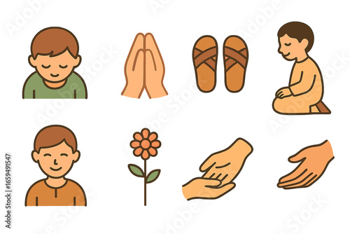 Children's Humility Icons. Flat vector mini-illustrations Humility in colors children's illustrations: bowed head, folded hands,