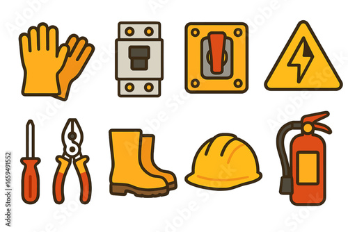 Electrical Safety Icons. Flat vector mini-illustrations electrical safe handling in colors children's illustrations: insulated