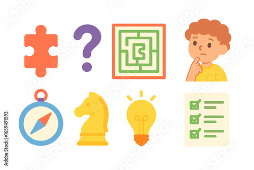 Children's Critical Thinking Icons. Flat vector mini-illustrations critical thinking and problem solving in colors children's