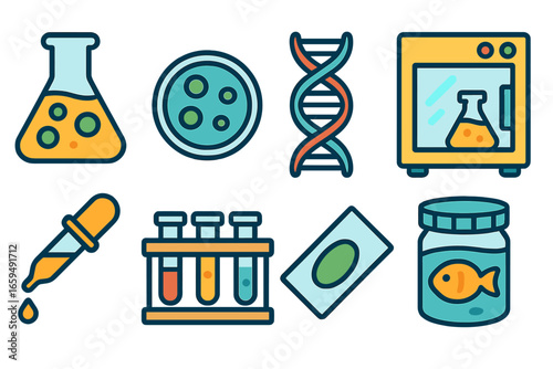 Children's Lab Icons. Flat vector mini-illustrations flask biological lab in colors children's illustrations: culture flask, petri