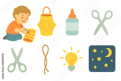 Children's Lantern Crafting. Flat vector mini-illustrations lantern crafting in colors children's illustrations: child painting