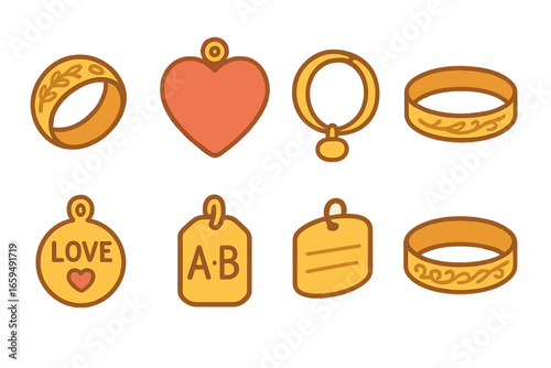 Engraved Jewelry Icons. Flat vector mini-illustrations jewelry engraving in colors children's illustrations: engraved ring, heart