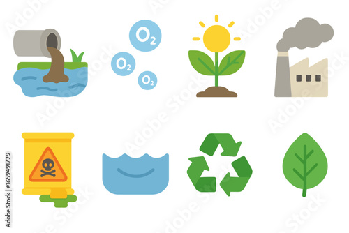 Environmental Icons Grid. Flat vector mini-illustrations redox in environment in colors children's illustrations: polluted river,