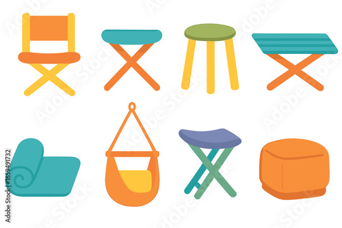 Children's Folding Furniture Icons. Flat vector mini-illustrations Collapsible seating in colors children’s illustrations: folding