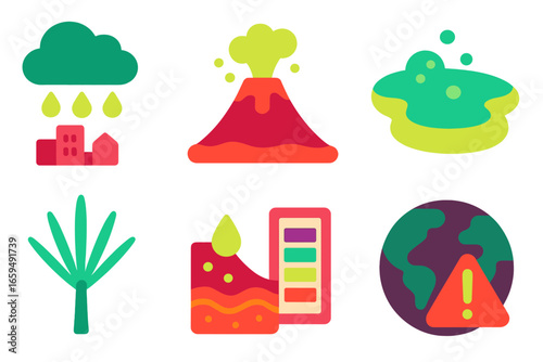 Environmental Acid Icons. Flat vector mini-illustrations acid in nature in colors children's illustrations: acid rain, volcanic
