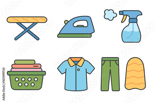 Children's Laundry Icons. Flat vector mini-illustrations ironing board in colors children's illustrations: ironing board, iron,