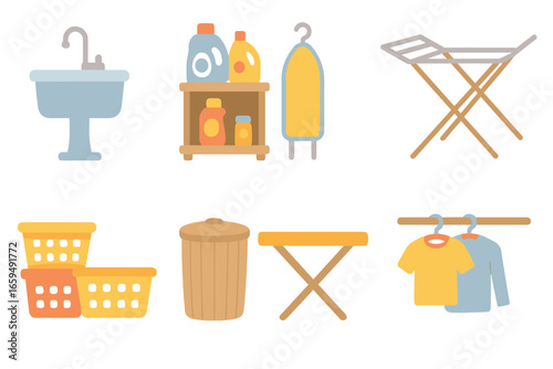 Children's Laundry Icons. Flat vector mini-illustrations laundry room essentials in colors children's illustrations: laundry sink,